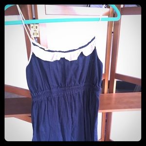 Dark Blue Linen Dress with Tan Trim
